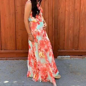 Aqua/Coral Floral Print Maxi Dress